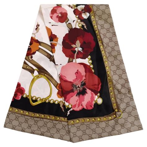 gucci silk monogram floral birds square scarf multicolor